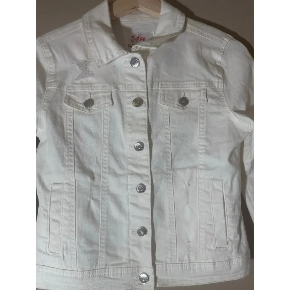Justice Girls Denim Jacket White 14/16 Distressed Front Buttons Pockets
